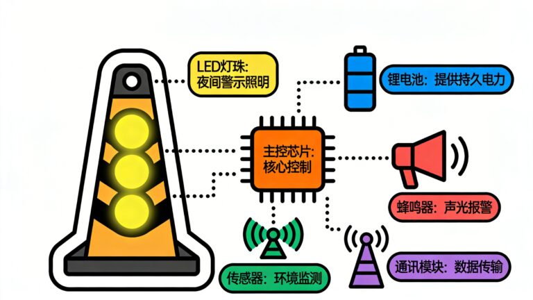 What are the working principles of smart traffic cones (connected to the internet, illuminated, and speak)?