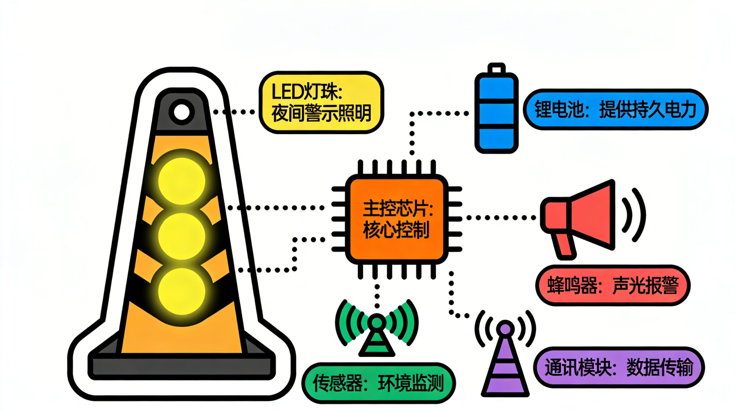 What are the working principles of smart traffic cones (connected to the internet, illuminated, and speak)? What are the working principles of smart traffic cones (connected to the internet, illuminated, and speak)?